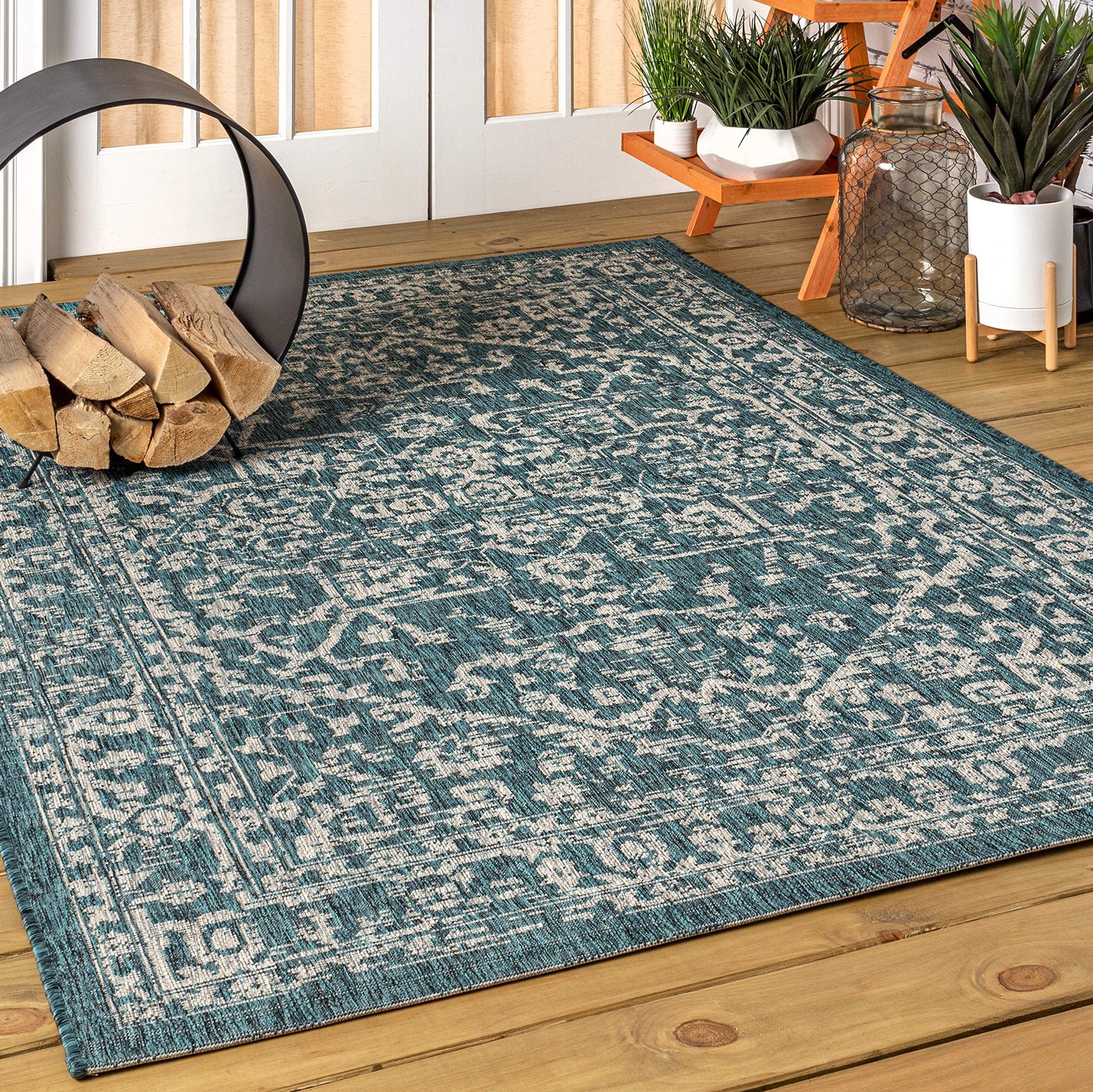 JONATHAN Y Boho Medallion Indoor Outdoor Area Rug 6X9 Teal/Gray, Malta Textured Weave for Backyard, Patio, Porch, Easy-Cleaning, High Traffic, Pet-Friendly, Non-Shedding (SMB104B-6)