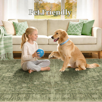 TTelephant Washable Rugs 5x7, Vintage Medallion Carpet for Bedroom, Living Room and Dining Room, Low Pile Sage Green Rug with Non-Slip Silicone Backing, Non-Shedding Stain Resistant