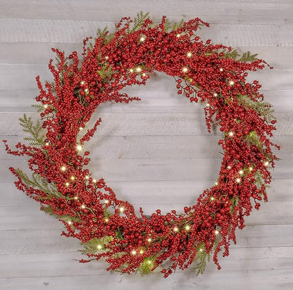 Red Co. 36” Light-Up Christmas Wreath with Red Cranberries, Battery-Operated LED Lights with Timer