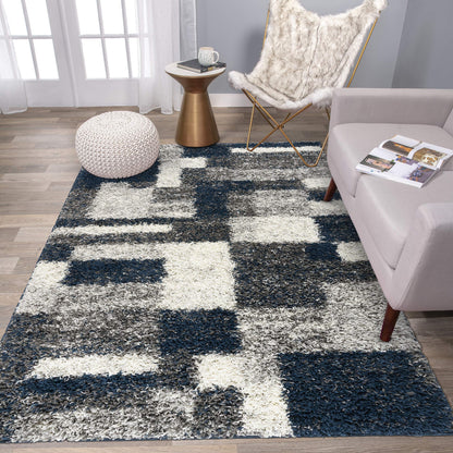 Rugshop Navy Distressed Modern Boxes Plush Shag Area Rug — Non-Shedding Soft for Living Room, Dining Room and Bedroom, 5' x 7'