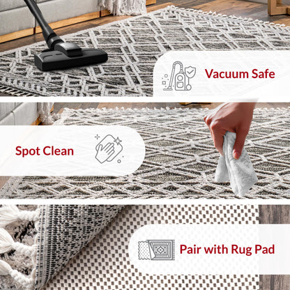 nuLOOM 8x11 Ansley Moroccan Tassel Area Rug, Grey, High-Low Textured Bohemian Design, Plush High Pile, Stain Resistant, For Bedroom, Living Room, Hallway, Entryway