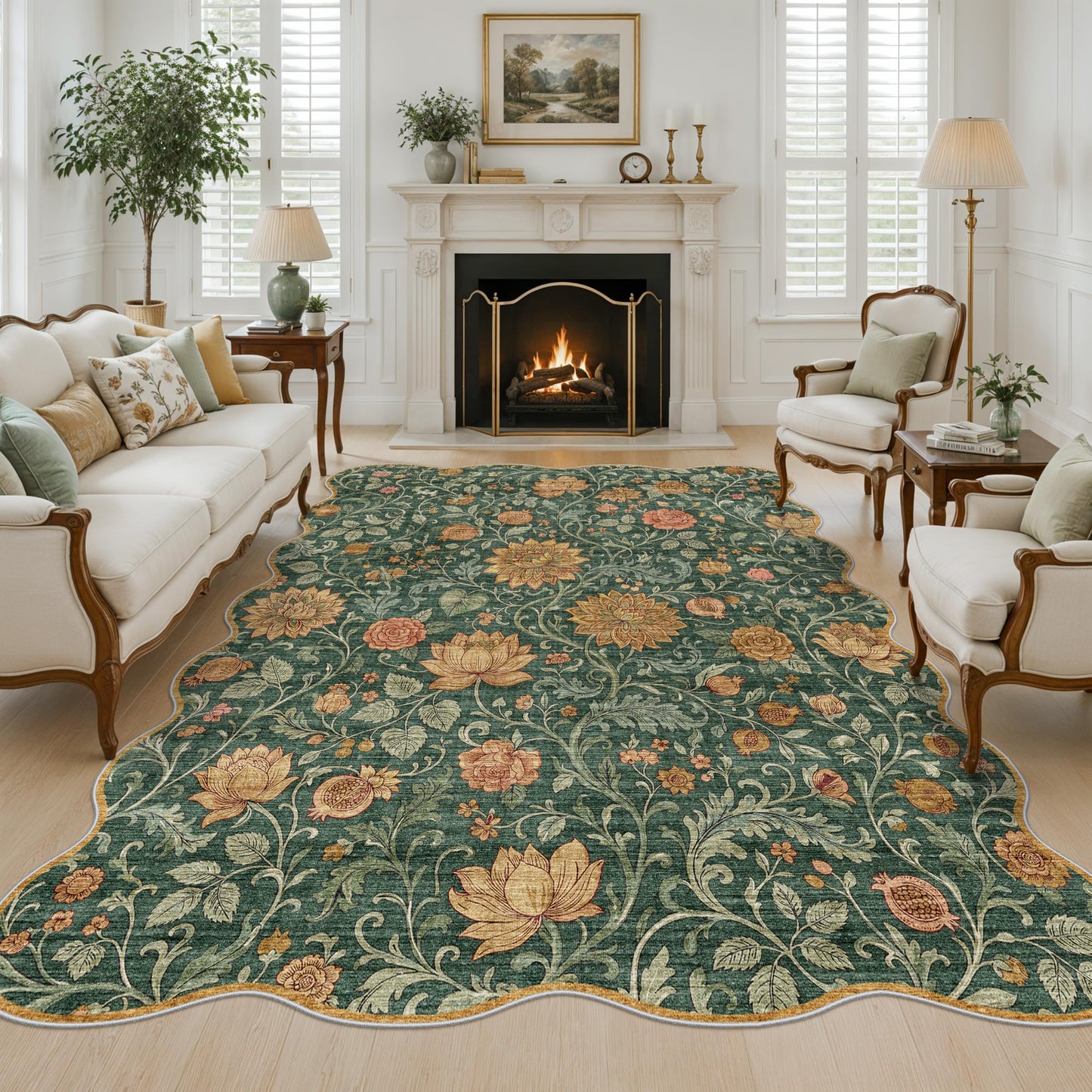 9x12 Floral Scallop Edge Rug: Soft Washable Green Scalloped Living Room Rug Stain Resistant Easy-Clean Flower Rugs for Bedroom Thin Non-Slip Boho Floral Area Rug for Dining Room Office (9x12ft,Green)