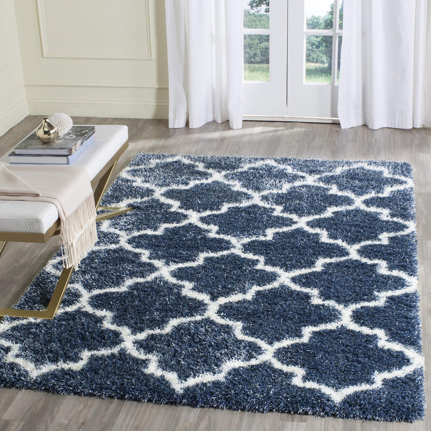 SAFAVIEH Area Rug 8x10 - Montreal Shag Collection - Large - Blue & Ivory, Trellis Pattern, Non-Shedding & Easy Cleaning, Ultra Plush Thick Pile, Ideal for Living Room, Bedroom, Dining Space (SGM832A)