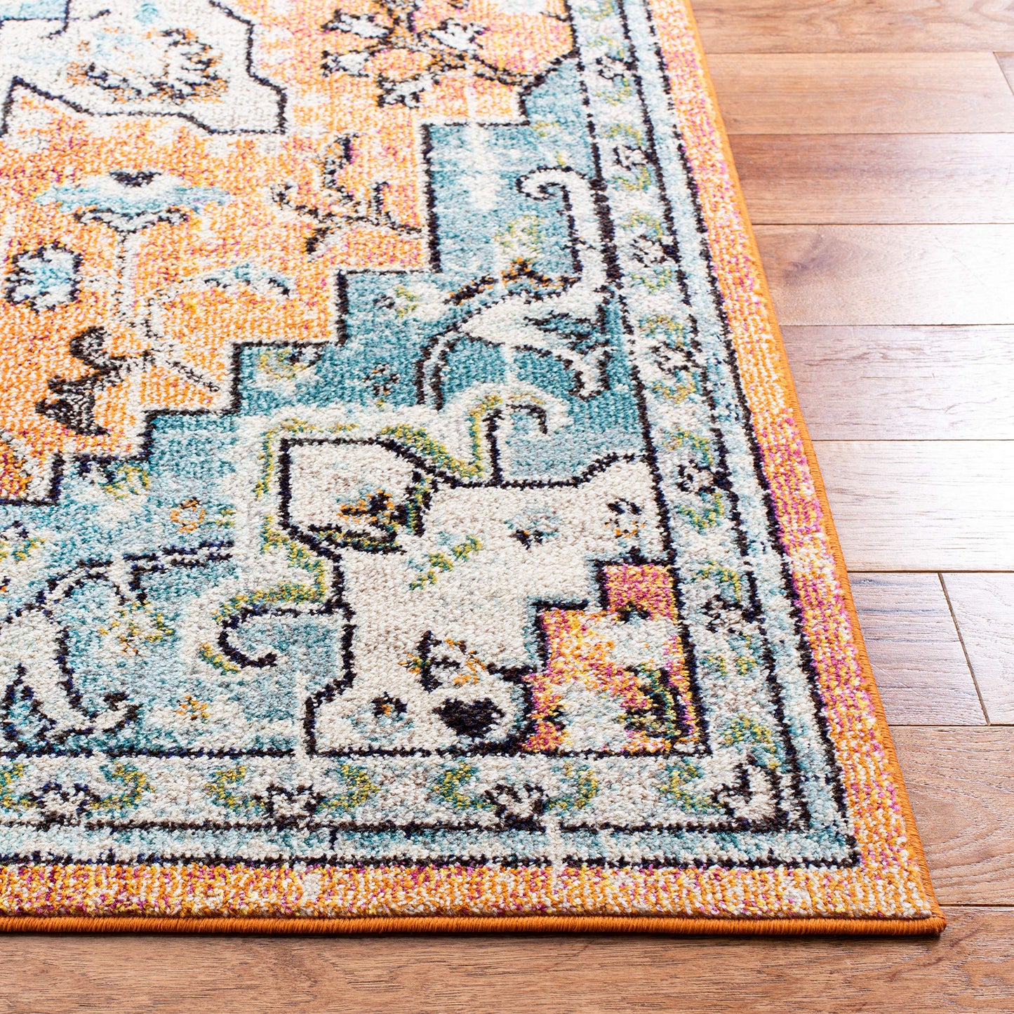 SAFAVIEH Area Rug 6x9 - Madison Collection - Orange & Teal, Boho Chic Distressed Medallion Design, Non-Shedding & Easy to Clean, Ideal for Living Room, Bedroom, Dining Space (MAD473P)
