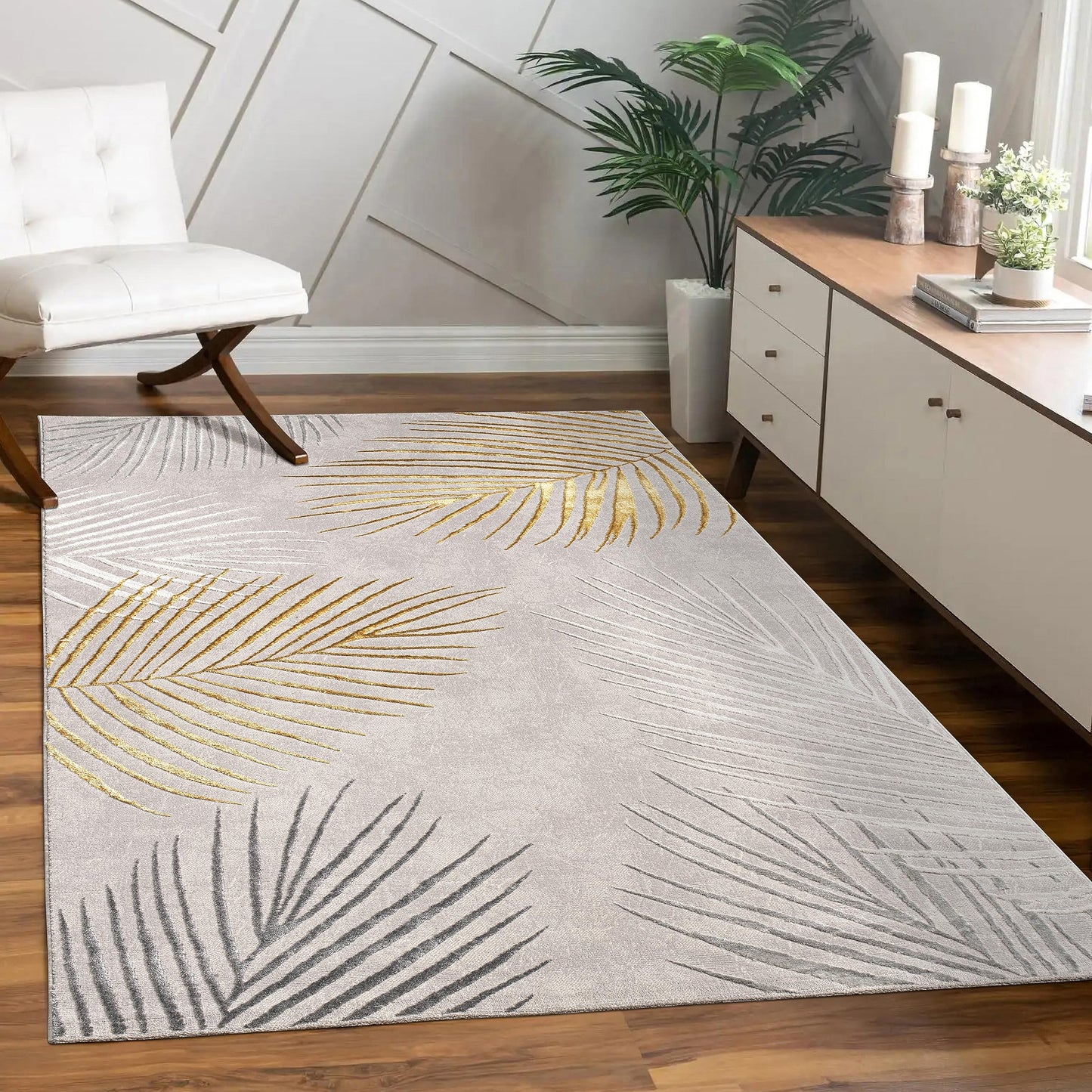 Paco Home Designer Rug with Textured Palm Leaf Pattern in Cream Gold, Size: 5'3" x 7'7"