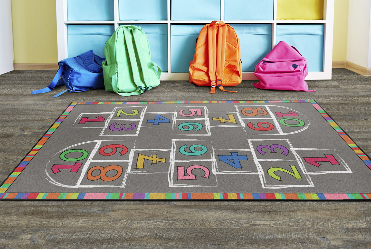 Flagship Carpets Hopscotch Rainbow Numbers Activity Area Rug for Children's Classroom or Home Learning Mat, Kids Room or Playroom Carpet, 5' x 8', Multicolor