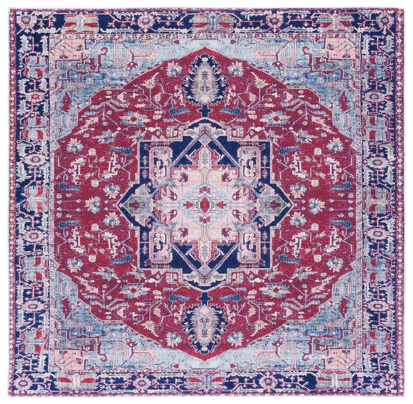 SAFAVIEH Washable Rug Tucson Collection - 4' Square, Red & Navy, Slip Resistant & Easy to Clean, Ideal for Foyer, Kitchen, Nursery, Office, Bedroom (TSN108Q)