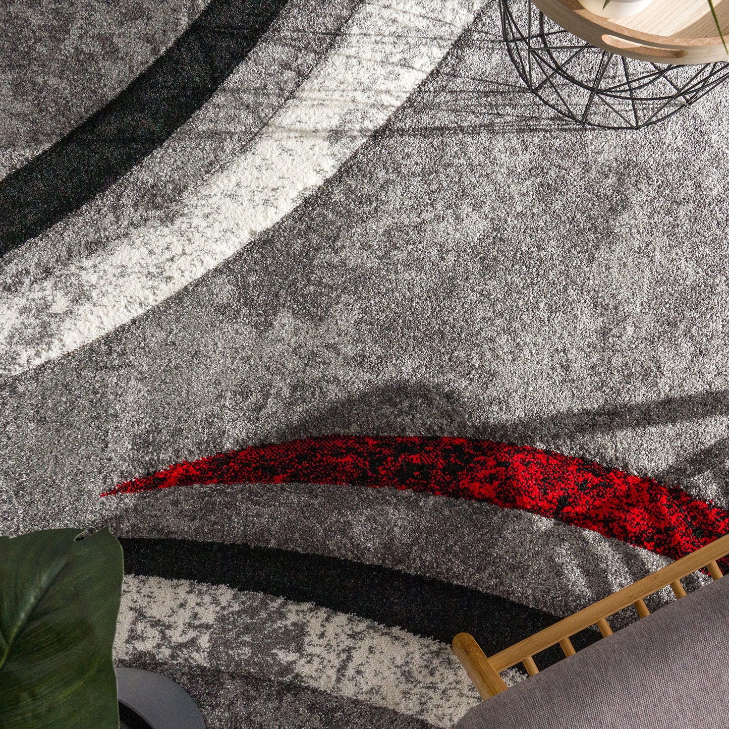 Paco Home Designer Rug with Contour Cut Striped Model in Grey Black and Red Mixture, Size: 5'3'' x 7'7''