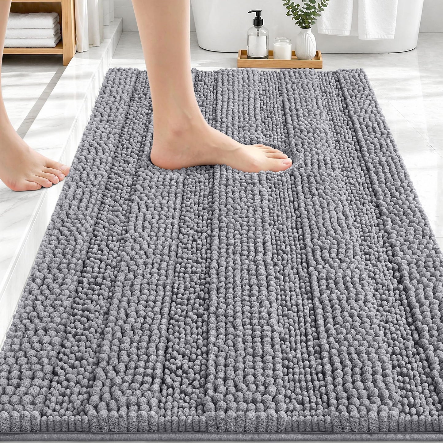 OLANLY Thick Bathroom Rugs 30x20, Extra Soft Absorbent Chenille Striped Bath Rugs, Rubber Backing, Machine Wash Dry, Bath Mats for Bathroom Floor, Tub and Shower, Home Decor Accessories, Grey