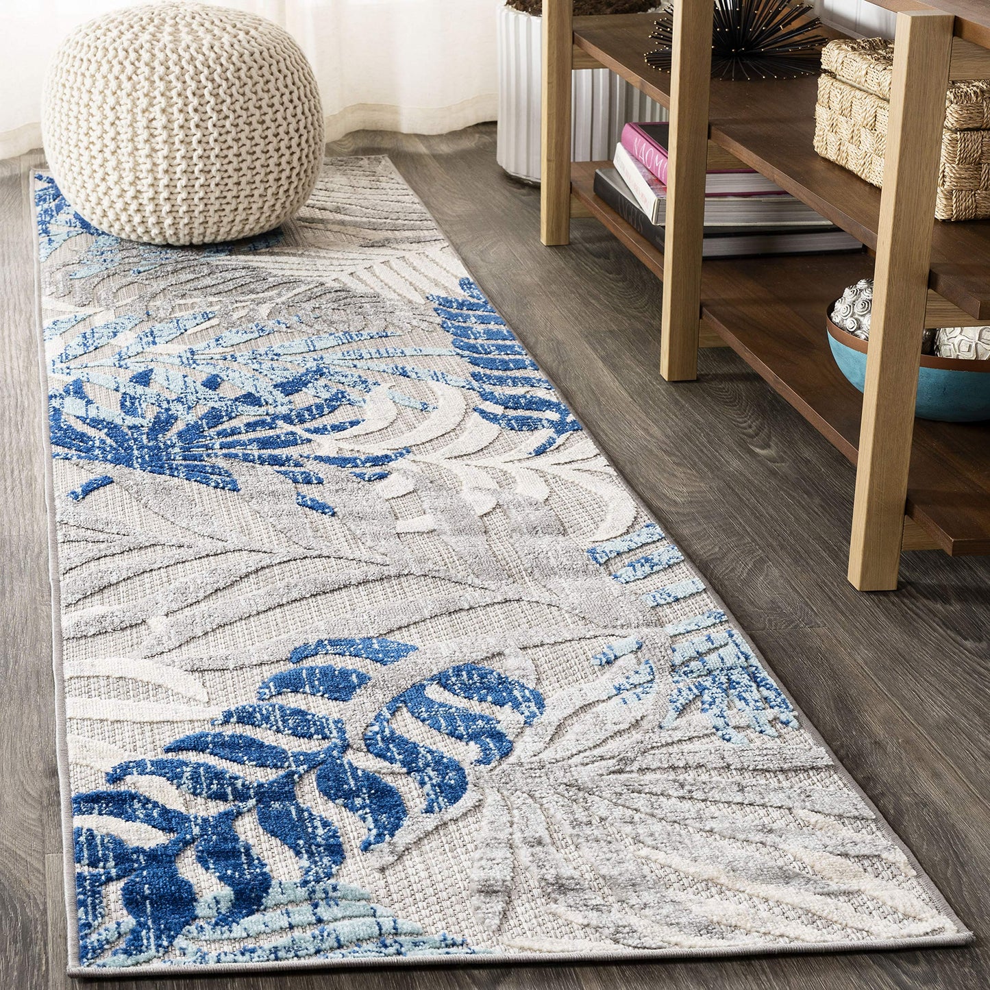 JONATHAN Y Tropics Palm Leaves Indoor Outdoor Runner Rug 2X8 Gray/Blue, Boho for Backyard, Patio, Porch, Easy-Cleaning, High Traffic, Pet-Friendly, Non-Shedding (AMC100A-28)