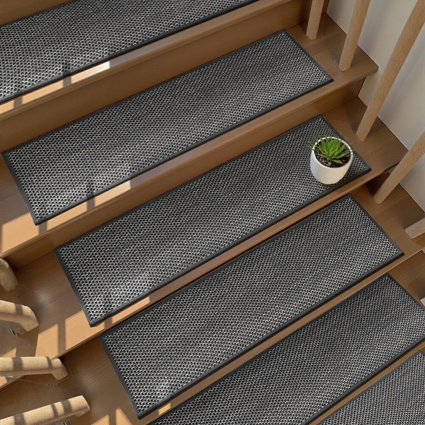 Xaarmonex Natural Linen Stair Treads for Wooden Steps, 15 Pcs 8" x 30",Non Slip Stair Runner, Peel and Stick Carpet Indoor for Kids Elders and Pets (15, Black, 8" x 30")