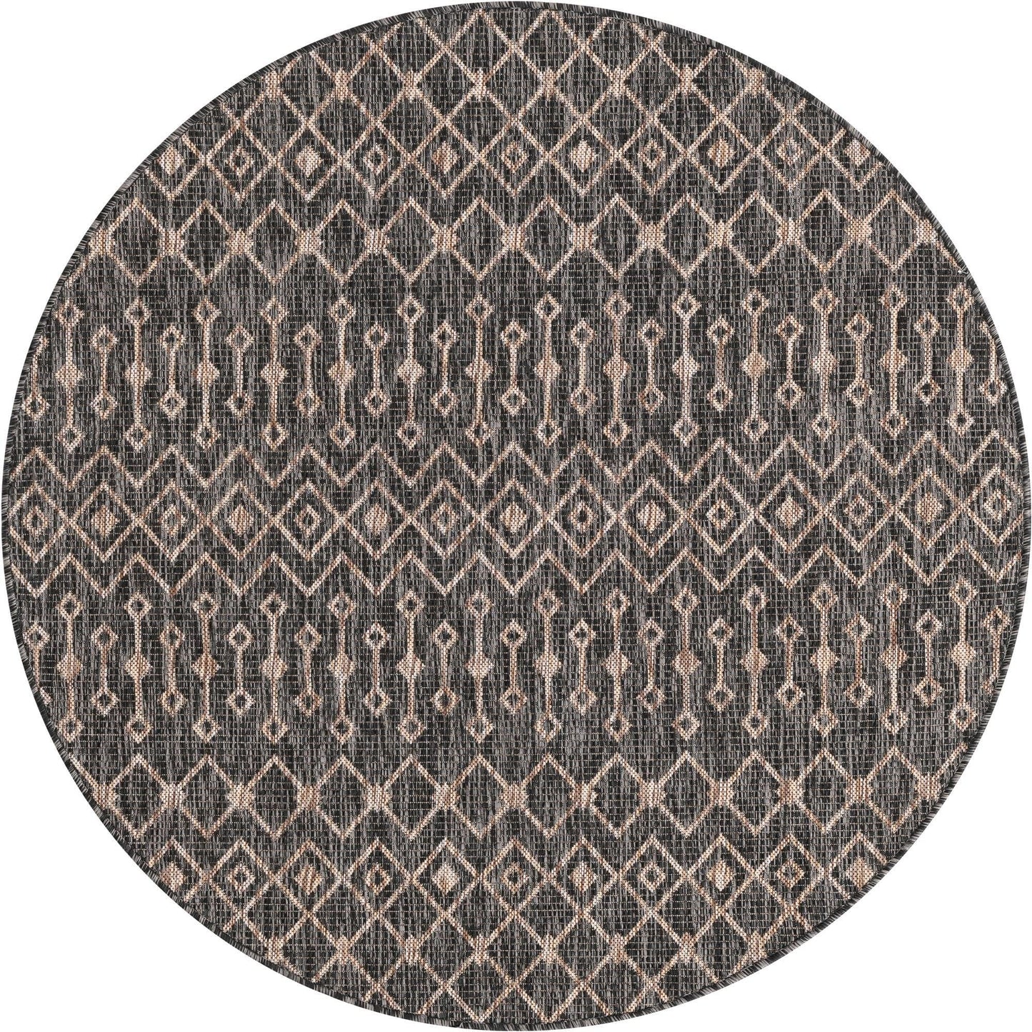 Unique Loom Outdoor Trellis Collection Area Rug - Tribal Trellis (5' 3" Round, Charcoal Gray/ Natural)