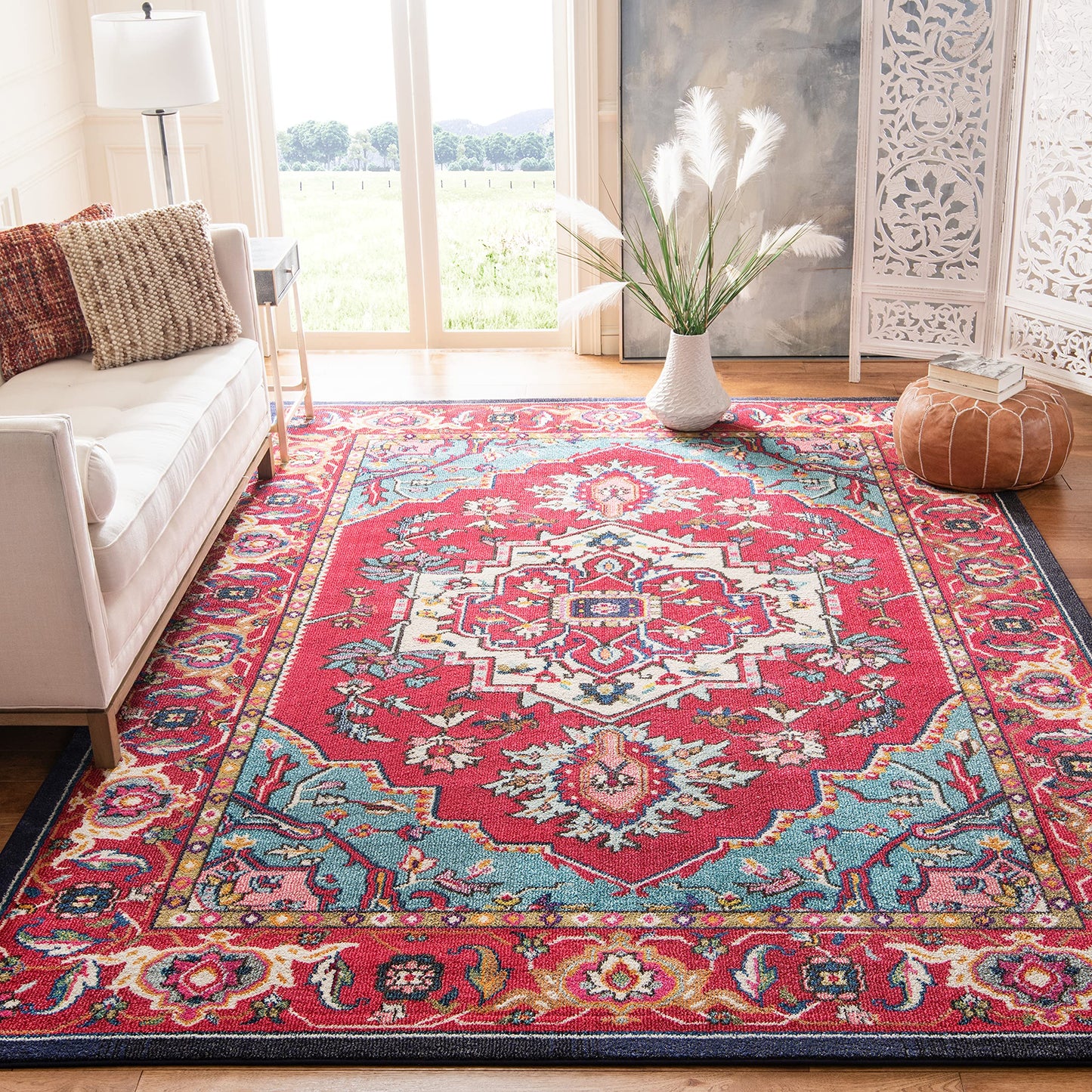 SAFAVIEH Monaco Collection Area Rug - 9' x 12', Red & Turquoise, Boho Oriental Medallion Design, Non-Shedding & Easy Care, Ideal for High Traffic Areas in Living Room, Bedroom (MNC207C)