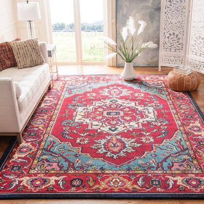 SAFAVIEH Monaco Collection Area Rug - 9' x 12', Red & Turquoise, Boho Oriental Medallion Design, Non-Shedding & Easy Care, Ideal for High Traffic Areas in Living Room, Bedroom (MNC207C)