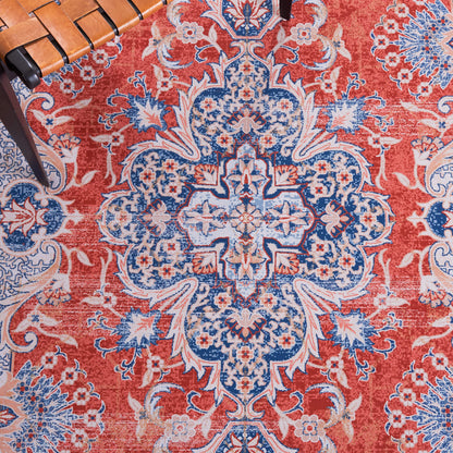 SAFAVIEH Washable Rug Tucson Collection - 4' x 6', Rust & Blue, Slip Resistant & Easy to Clean, Ideal for Foyer, Kitchen, Nursery, Office, Bedroom (TSN171P)