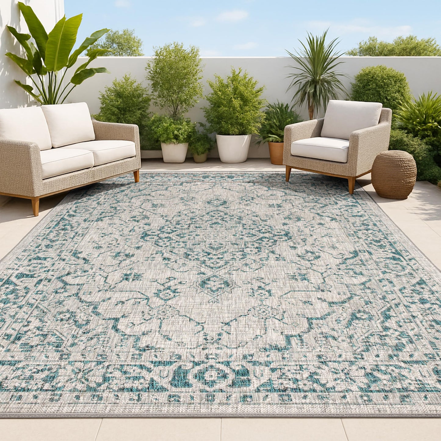 JONATHAN Y Boho Medallion Indoor Outdoor Area Rug 3X5 Gray/Teal, Rozetta Textured Weave for Backyard, Patio, Porch, Easy-Cleaning, High Traffic, Pet-Friendly, Non-Shedding (SMB102C-3)