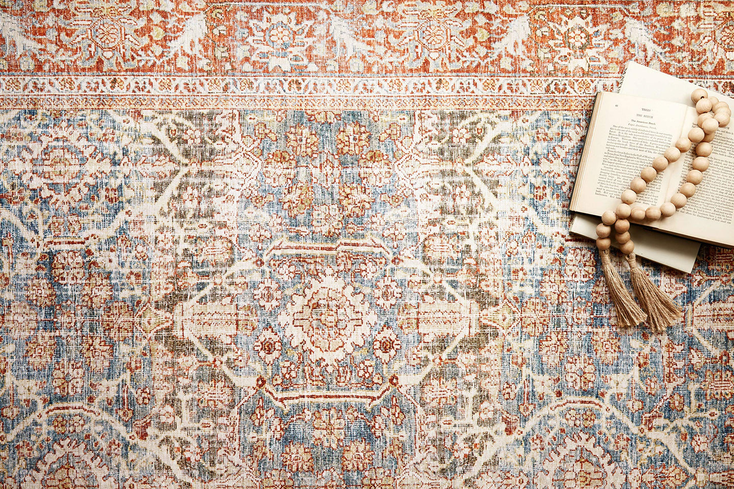 Loloi Layla Collection LAY-04 Ocean/Rust 7'-6" x 9'-6" .13" Thick Area Rug, Soft, Durable, Vintage Inspired, Distressed, Low Pile, Non-Shedding, Easy Clean, Printed, Living Room Rug