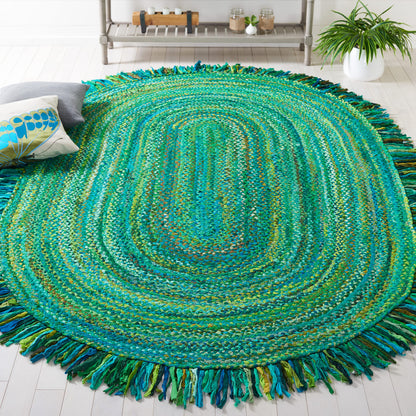 SAFAVIEH Braided Collection Area Rug - 3' x 5' Oval, Green, Handmade Boho Fringe Reversible Cotton, Ideal for High Traffic Areas in Living Room, Bedroom (BRD451Y)