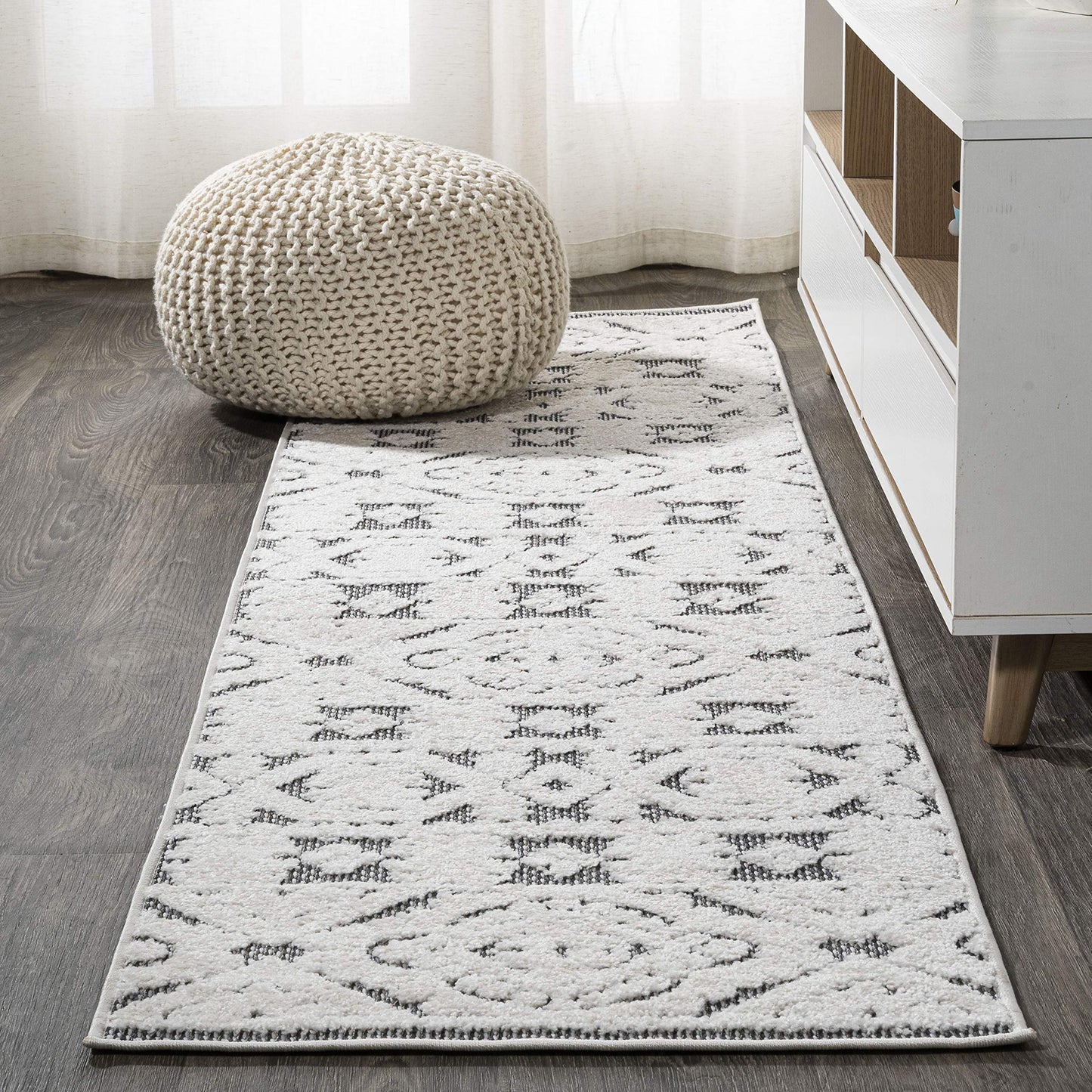 JONATHAN Y Mediterranean Tile Indoor Outdoor Runner Rug 2X8 White/Black, Citta High-Low Pile for Backyard, Patio, Porch, Easy-Cleaning, High Traffic, Pet-Friendly, Non-Shedding (SBH102B-28)