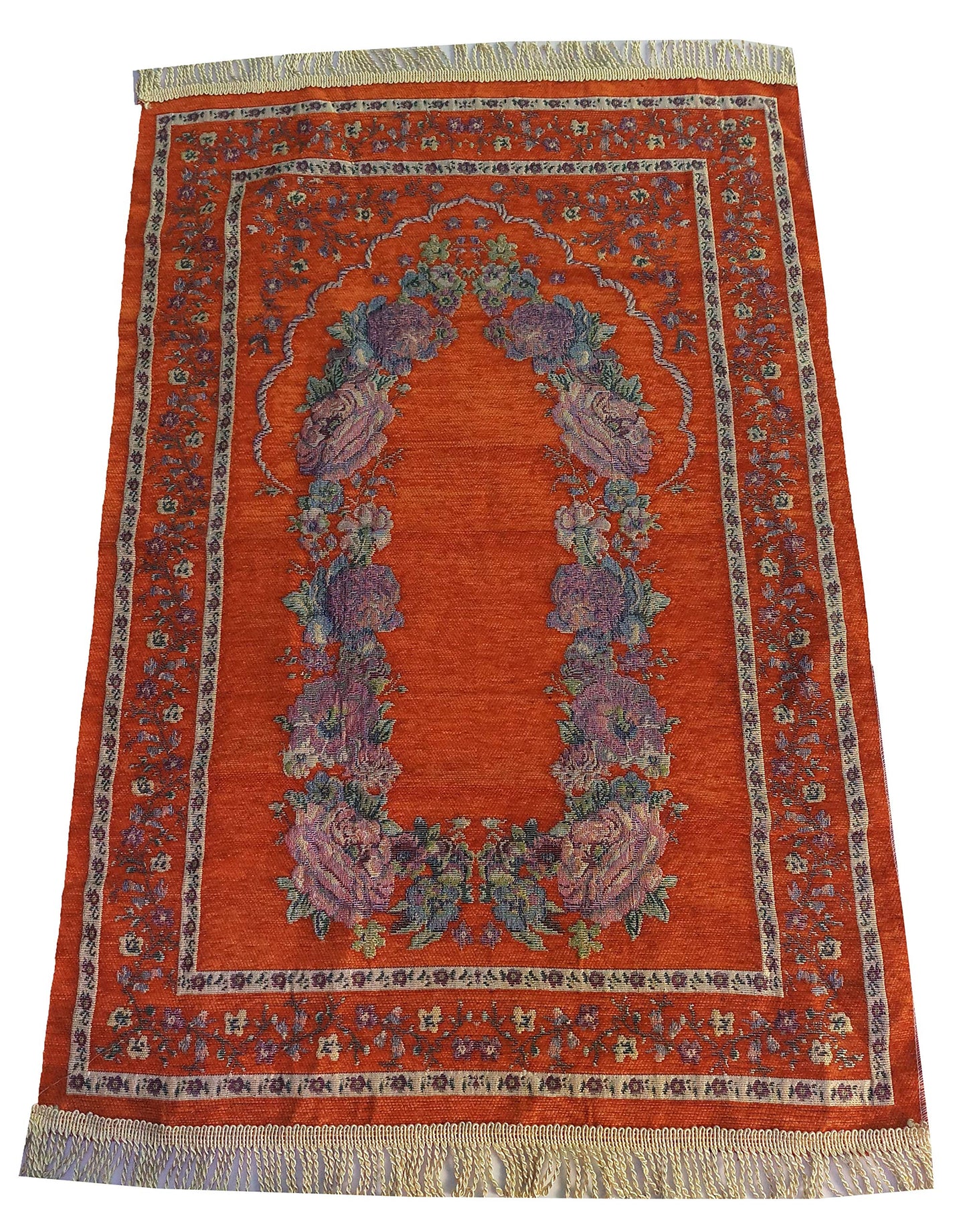 Islam Portable Sajadah Carpet Thin Prayer Mat Janamaz AMN-211 Floral Design Chenille Worship Blanket Travel Rug Namaz Area Muslim Gift (Orange)