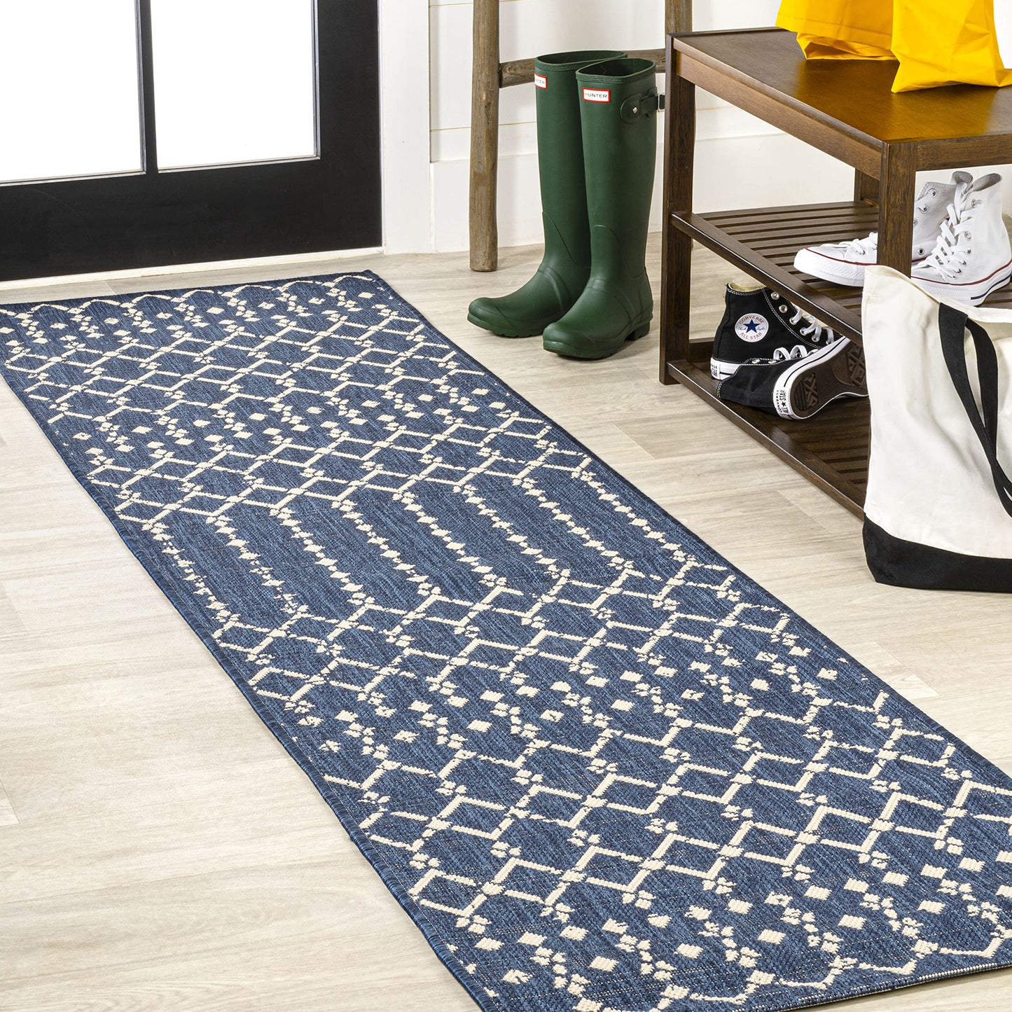 JONATHAN Y Moroccan Geometric Indoor Outdoor Runner Rug 2X8 Navy/Beige, Ourika Textured Weave for Backyard, Patio, Porch, Easy-Cleaning, High Traffic, Pet-Friendly, Non-Shedding (SMB108K-28)