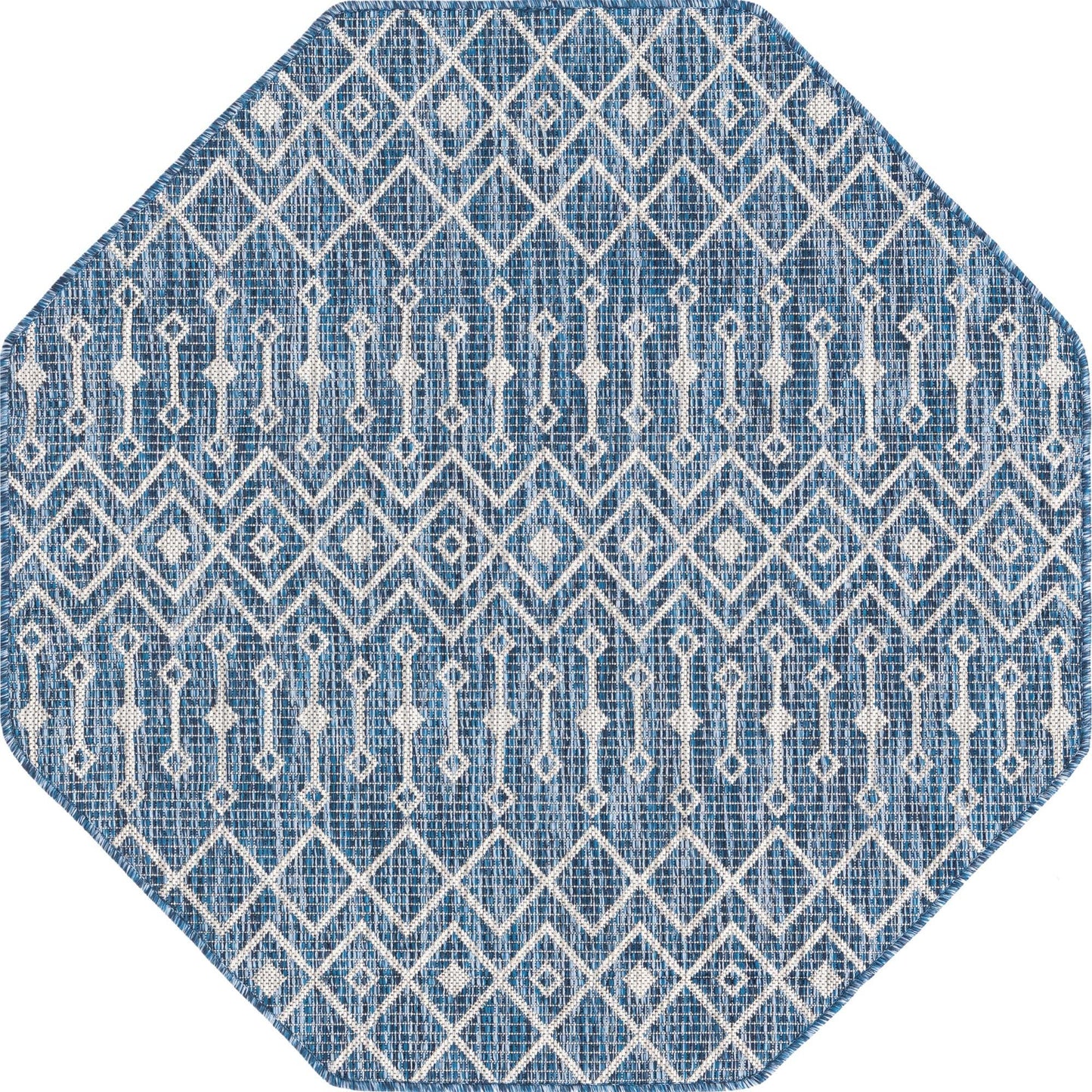 Unique Loom Outdoor Trellis Collection Area Rug - Tribal Trellis (4' 1" Octagon, Blue/ Ivory)