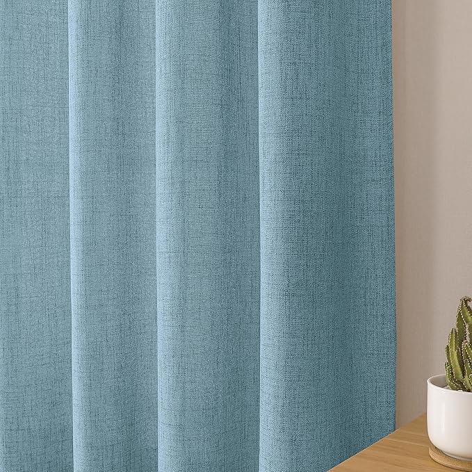 Tollpiz Short Linen Tier Curtains Rod Pocket Semi Sheer Half Kitchen Curtain Burlap Light Filtering Thick Linen Drapes for Bathroom, 30 x 24 inches Long, Dusty Blue, Set of 2 Panels
