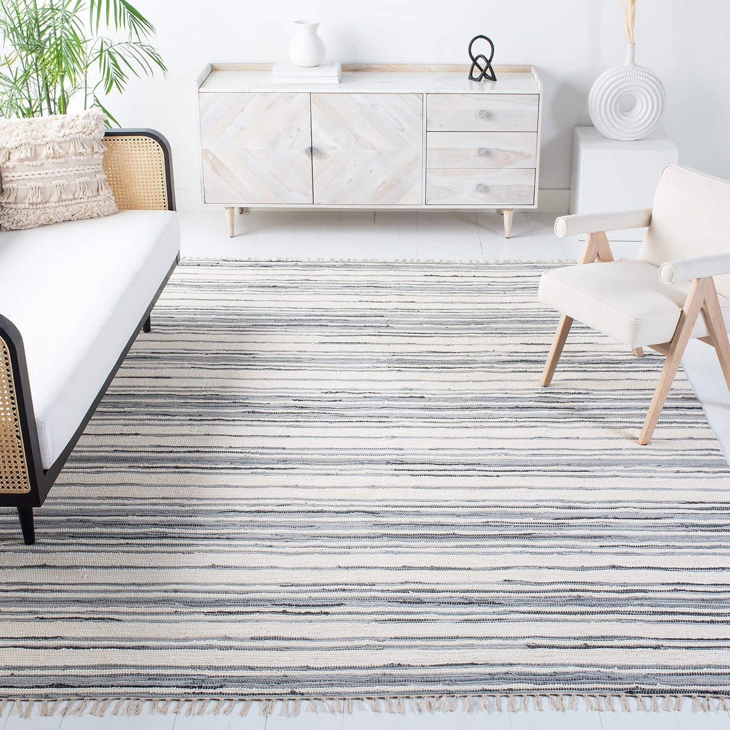 SAFAVIEH Rag Rug Collection Area Rug - 10' x 14', Ivory & Grey, Handmade Boho Stripe Cotton, Ideal for High Traffic Areas in Living Room, Bedroom (RAR126A)