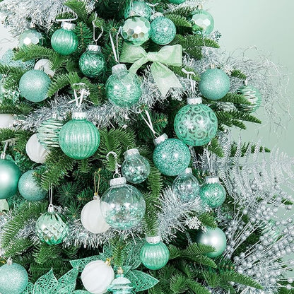 XmasExp 32ct Christmas Ball Ornaments Set -Mint Green Clear Plastic Shatterproof Xmas Tree Ball Decorations Hanging Baubles for Holiday Decor