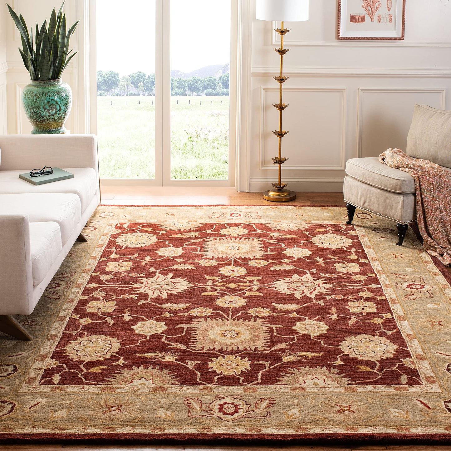 SAFAVIEH Anatolia Collection Accent Rug - 3' x 5', Red & Sage, Handmade Traditional Oriental Wool, Ideal for High Traffic Areas in Entryway, Living Room, Bedroom (AN556F)