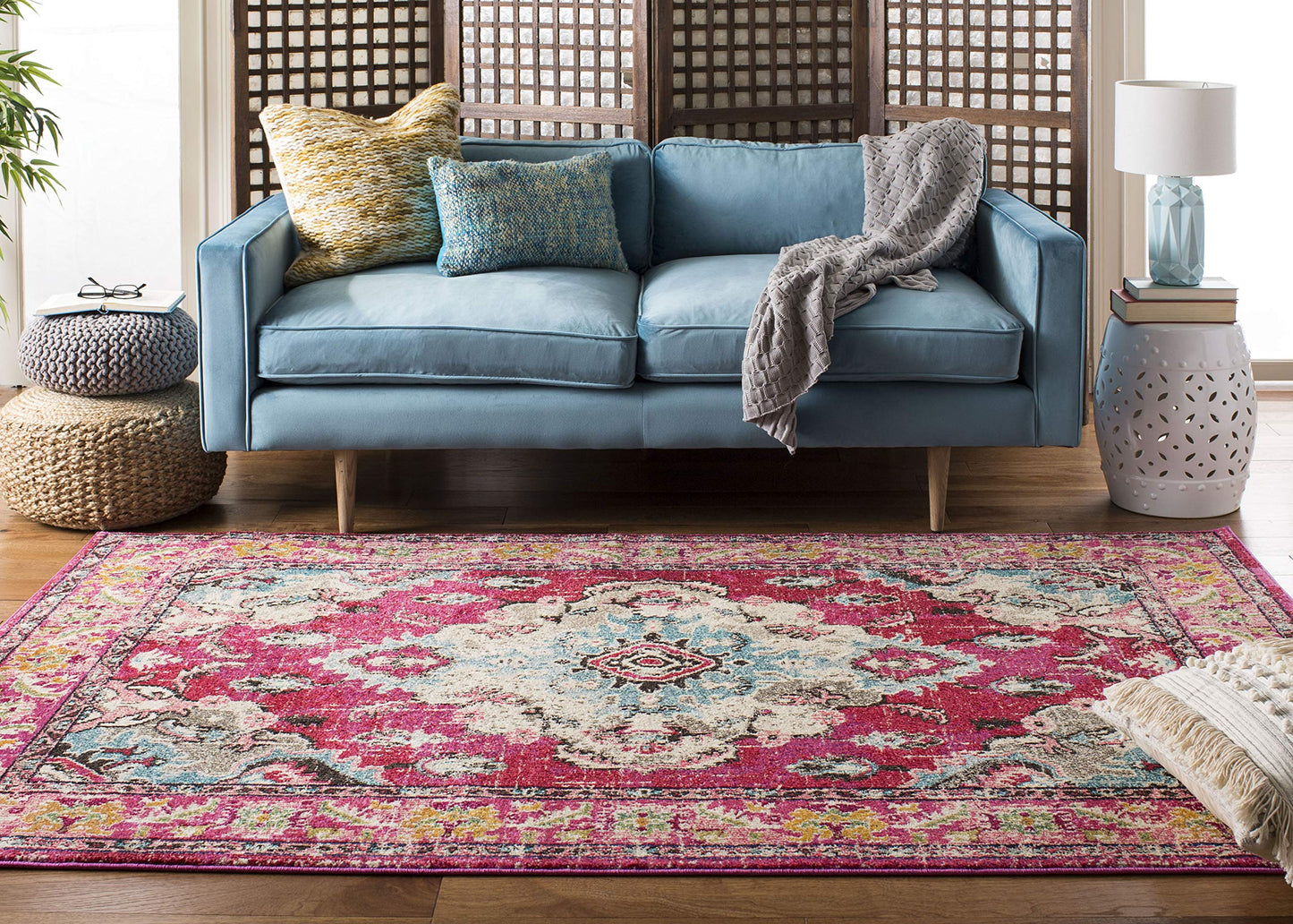 SAFAVIEH Monaco Collection Area Rug - 5'1" x 7'7", Pink & Multi, Non-Shedding & Easy to Clean, Distressed Medallion Design, Ideal for Living Room, Bedroom, Dining Space (MNC243D)