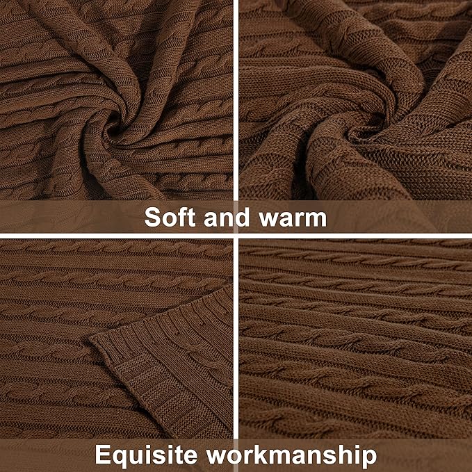 NTBAY 100% Pure Cotton Oversize (60x80) Cable Knit Throw Blanket, Super Soft Warm Knitted Throw Blanket for Bed, Sofa, Chair, Couch - Extra Cozy, Machine Washable, Comfortable Home Decor, Brown