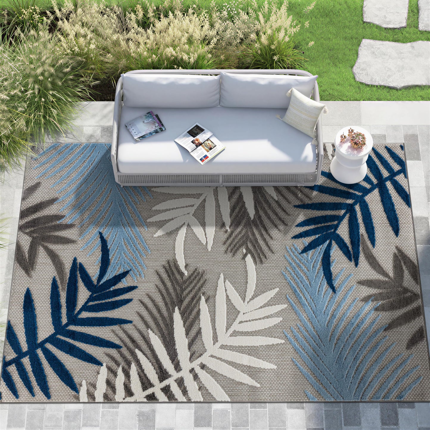 Rugshop Indoor/Outdoor Palm Leaf Area Rug, Non-Shedding Easy-Care Design for Backyard, Deck and Outdoor Lounge, Blue, 7'10" x 10'