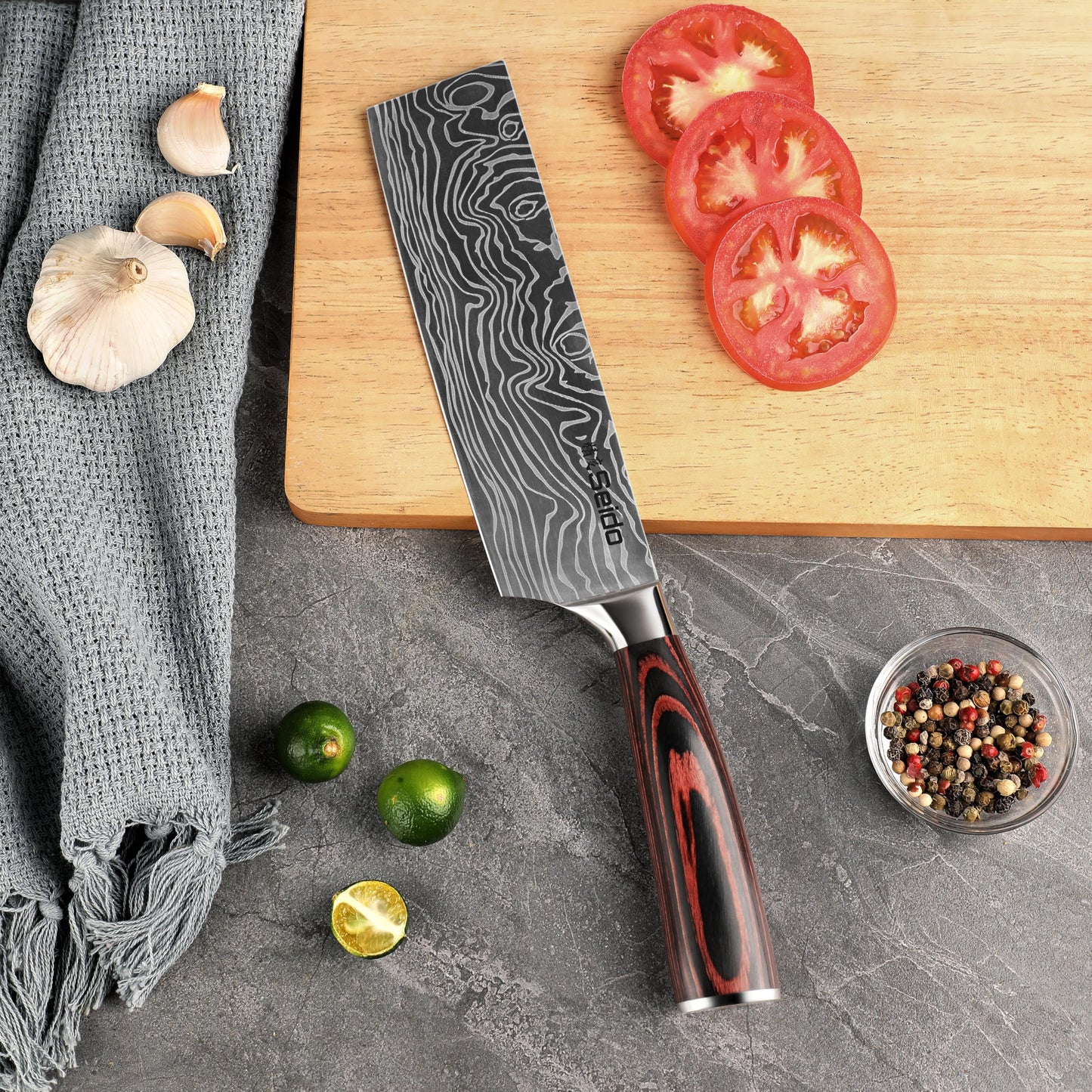 Seido Knives Master 7 Inch Nakiri Knife – High Carbon Stainless Steel Damascus Pattern Blade Full-Tang Balance Ergonomic Pakkawood Handle