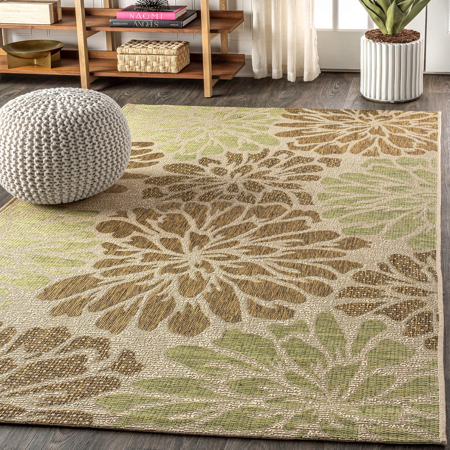 JONATHAN Y Floral Textured Weave Indoor Outdoor Area Rug 8X10 Sage/Brown, Zinnia Modern for Backyard, Patio, Porch, Easy-Cleaning, High Traffic, Pet-Friendly, Non-Shedding (SMB110A-8)