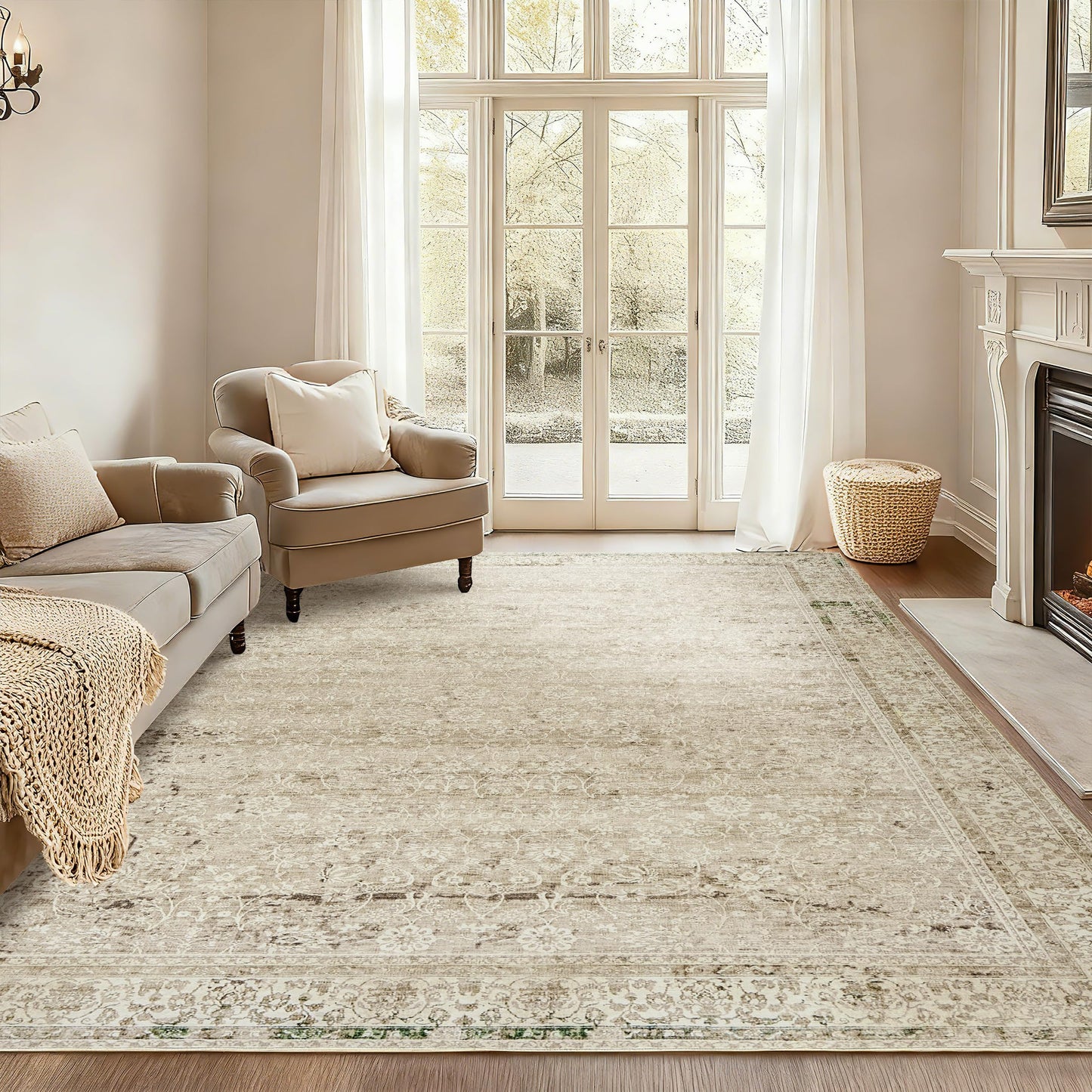 BILEEHOME Modern Farmhouse Area Rug 5 x7 Washable Floral Earth Tone Neutral Boho Nursery Rug 5x7 for Baby Boy Bedroom,Tan Brown and Cream Beige