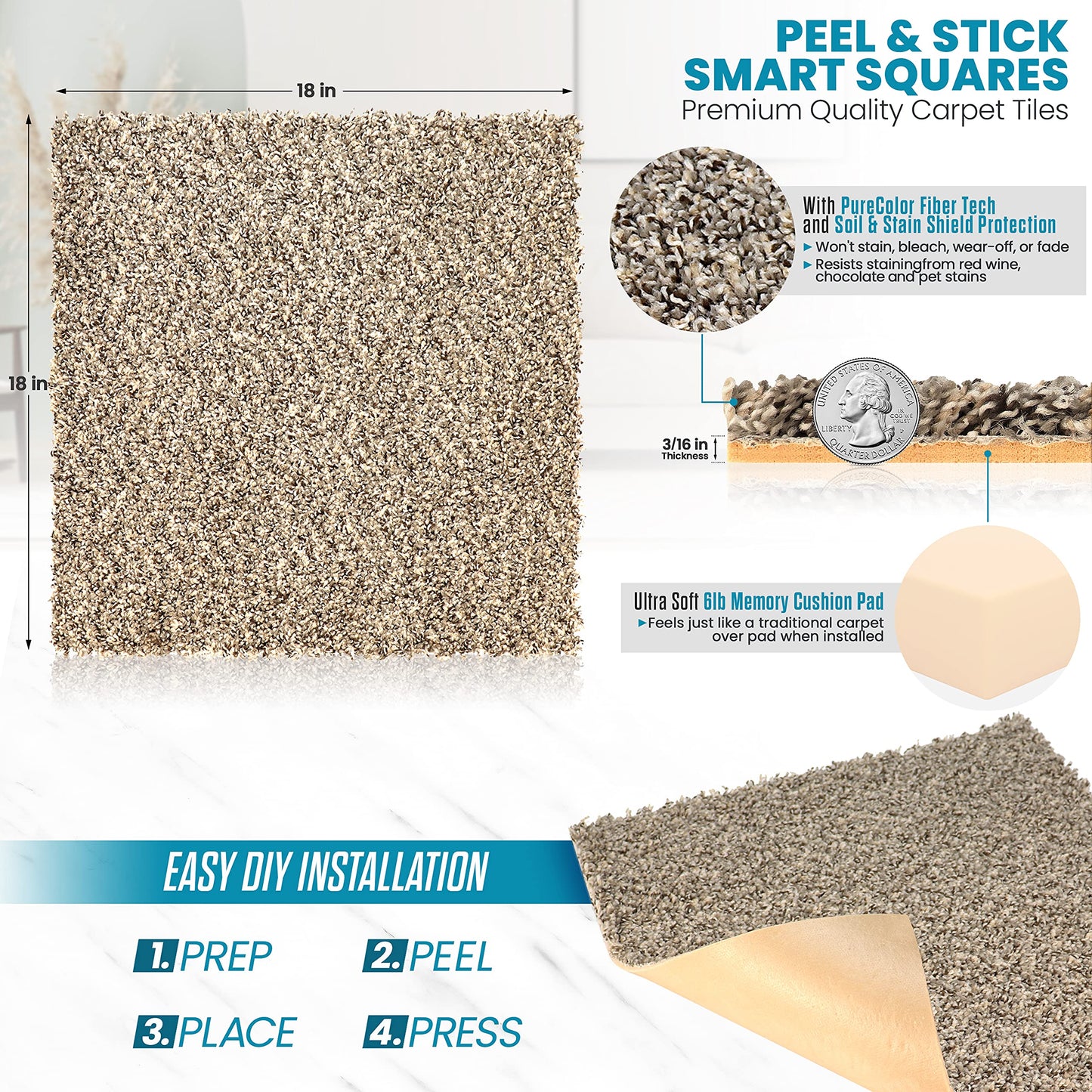 Eclipse Peel and Stick Carpet Tiles, Attached Cushion, Easy DIY Install, Soft Residential Carpet, American Made, Seamless Appearance, Plush, Great for Area Rug (10 Tiles - 22.5 Square Feet, Equinox)