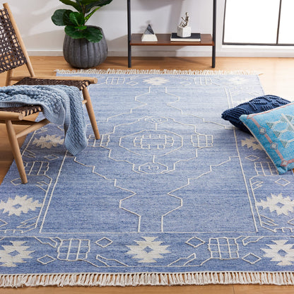 SAFAVIEH Area Rug 8x10 - Kilim Collection - Large - Blue & Ivory, Flat Weave, Rustic Boho Tribal Design, Ideal for Living Room, Bedroom, Office, Dining Space (KLM763M)