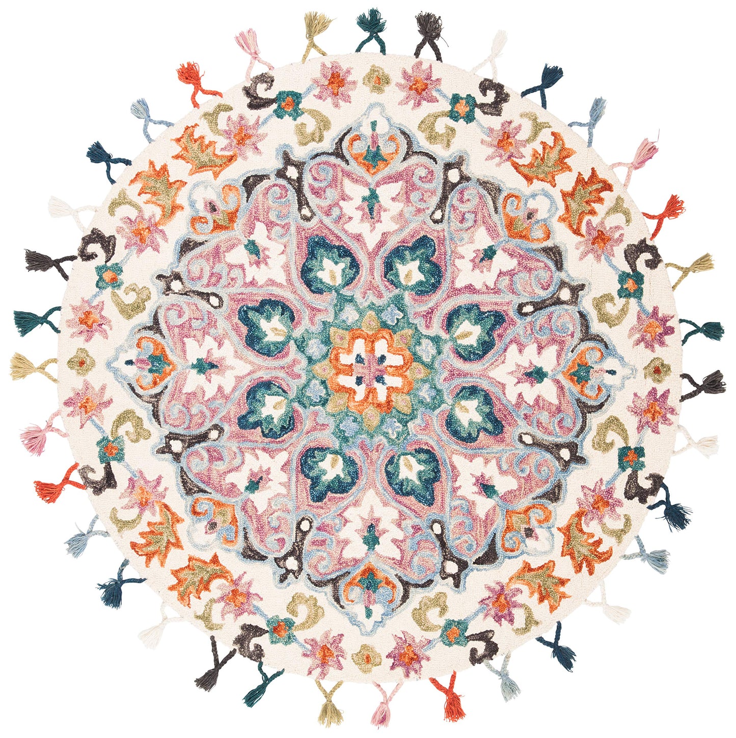 SAFAVIEH Novelty Collection 5' Round Pink / Blue NOV576M Handmade Boho Floral Tassel Wool Area Rug