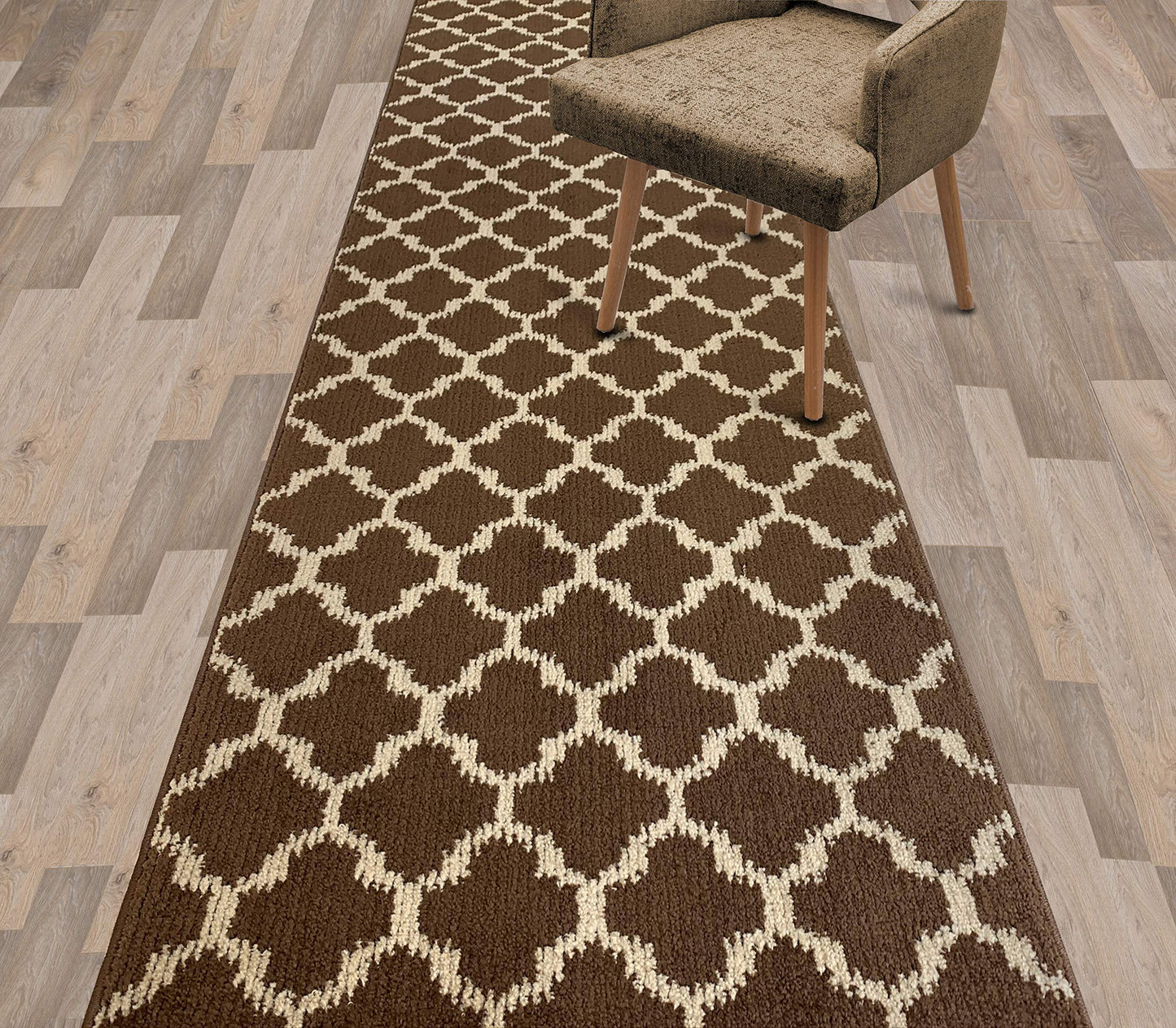 Custom Size Cut to Length Moroccan Trellis Design Runner Rug Mat For Wide Long Hallways with Non-Slip Rubber Backing, Better Traction for Pets, Prevent Slippage, Trellis Brown, 31 inch X 7 feet