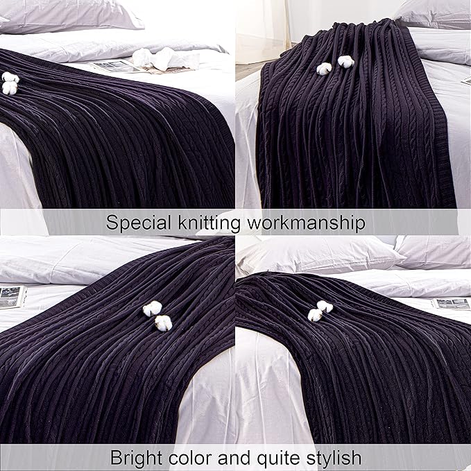 NTBAY 100% Pure Cotton Cable Knit Throw Blanket, Super Soft Warm 51x67 Knitted Throw Blanket for Couch, Sofa, Chair, Bed - Extra Cozy, Machine Washable, Comfortable Home Decor, Eggplant Purple