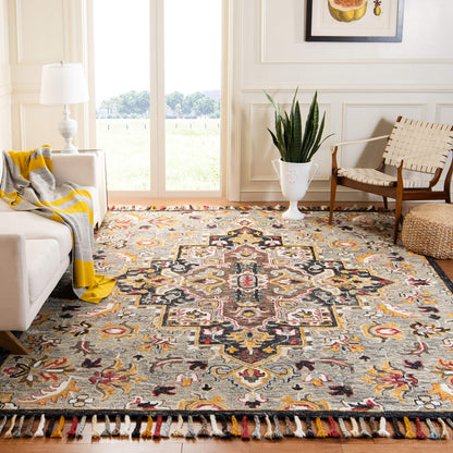 SAFAVIEH Aspen Collection Area Rug - 7' Square, Grey & Charcoal, Handmade Boho Braided Tassel Wool, Ideal for High Traffic Areas in Living Room, Bedroom (APN207F)