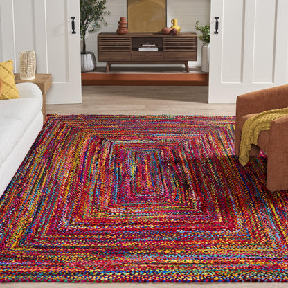 SAFAVIEH Area Rug 8x10 - Braided Collection - Large - Red & Multi, Handmade Woven Cotton, Boho Reversible Style, Ideal for Living Room, Bedroom, Dining Space (BRD210A)
