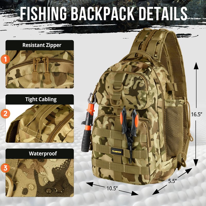 PLUSINNO Fishing Backpack, Fishing Bag, Waterproof Sling Tackle Bag For Fishing Gear With Rod Holder, Fish Gifts for Men