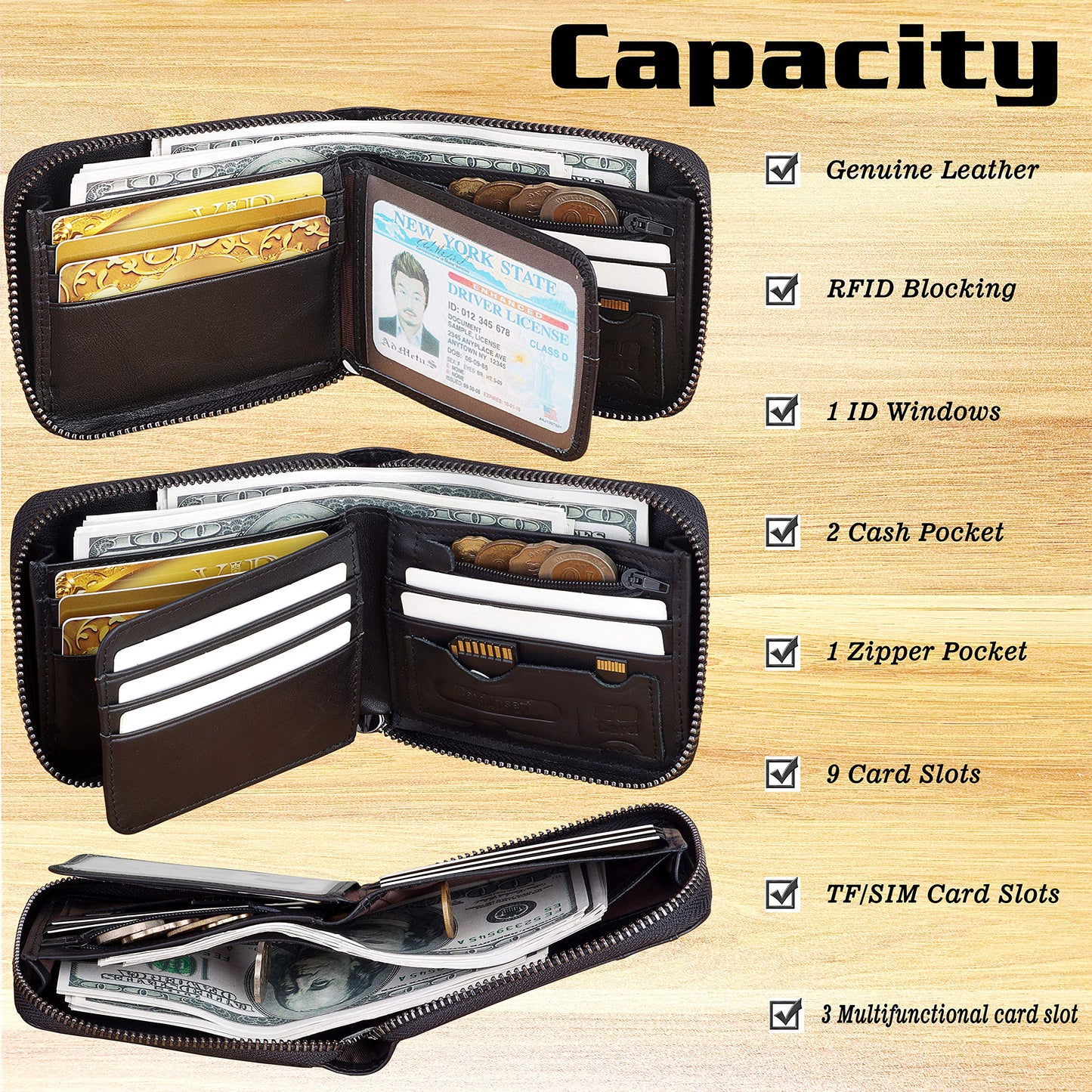 RFID Wallet for Men Leather Zip Wallet Bifold Card Holder Purse with Zipper Coin Pocket(Black-21)