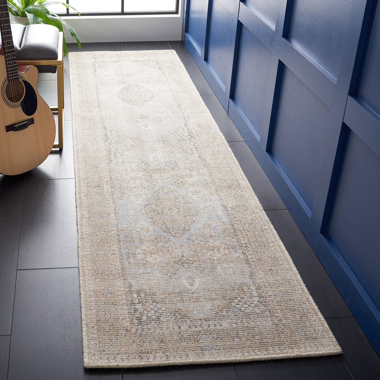 SAFAVIEH Restoration Vintage Collection Runner Rug - 2'3" x 9', Beige & Sand, Handmade Distressed Wool & Viscose, Ideal for High Traffic Areas in Living Room, Bedroom (RVT703B)