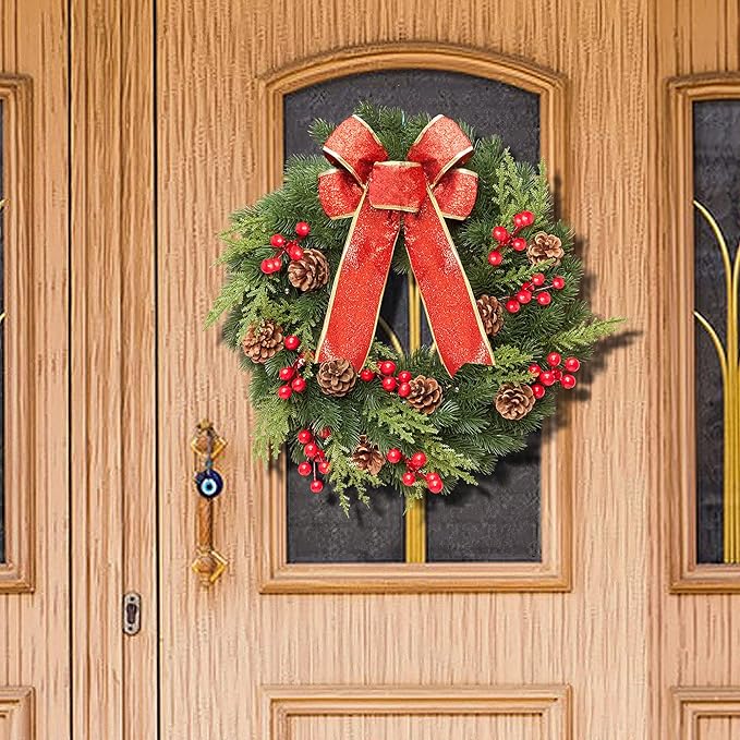 Christmas Wreath 16 Inches, with Metal Hanger, Pre-Lit Artificial Christmas Front Door Wreath Battery Operated with 40 LED Lights Christmas Decorations