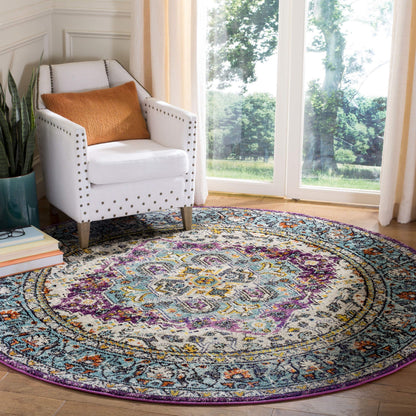 SAFAVIEH Monaco Collection 6'7" Round Violet/Light Blue MNC251L Boho Chic Medallion Distressed Non-Shedding Dining Room Entryway Foyer Living Room Bedroom Area Rug