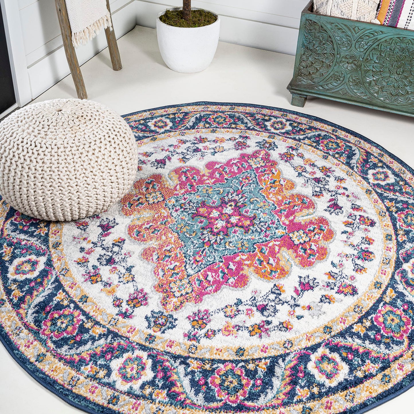 JONATHAN Y Boho Vintage Blue/Multi 8' Round Area Rug, Bohemian Flair Medallion, Floral Easy-Cleaning High Traffic for Living Room, Bedroom, Kitchen, Pet-Friendly, Non Shedding (BMF106A-8R)