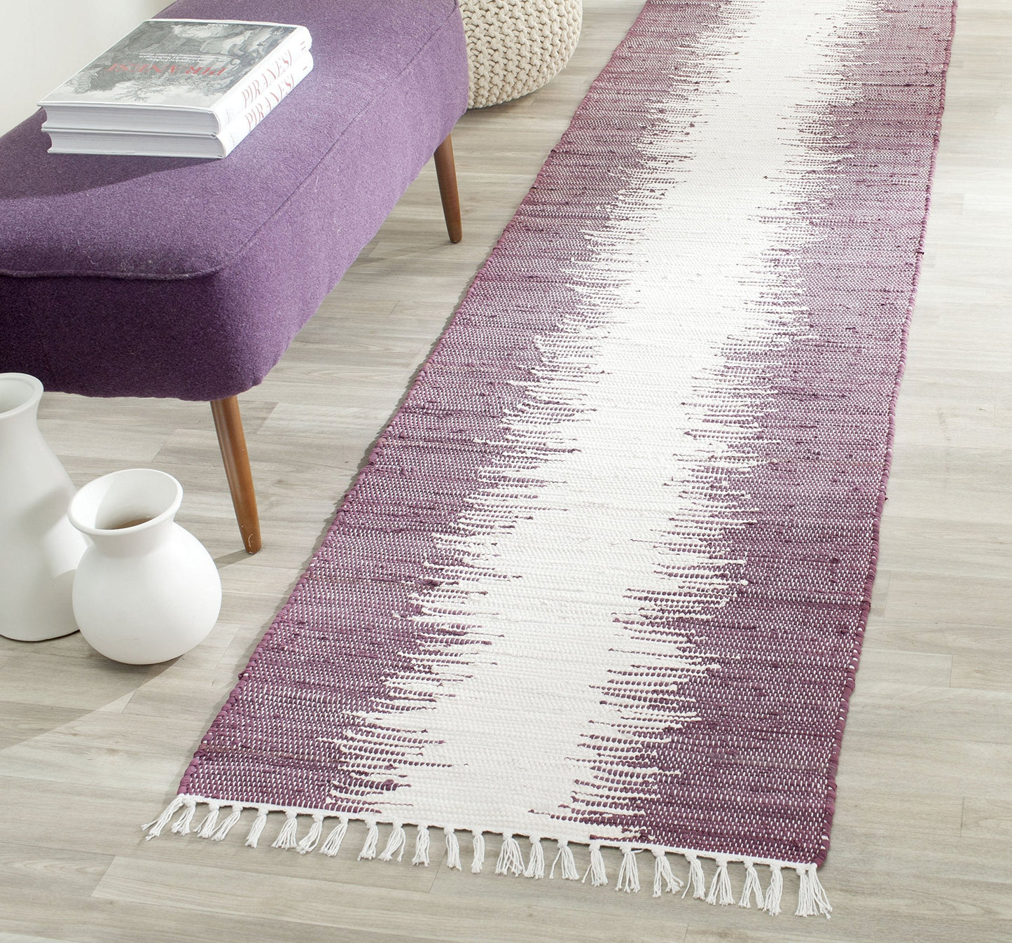 SAFAVIEH Montauk Collection Runner Rug - 2'3" x 7', Purple, Handmade Stripe Fringe Cotton, Ideal for High Traffic Areas in Living Room, Bedroom (MTK751D)